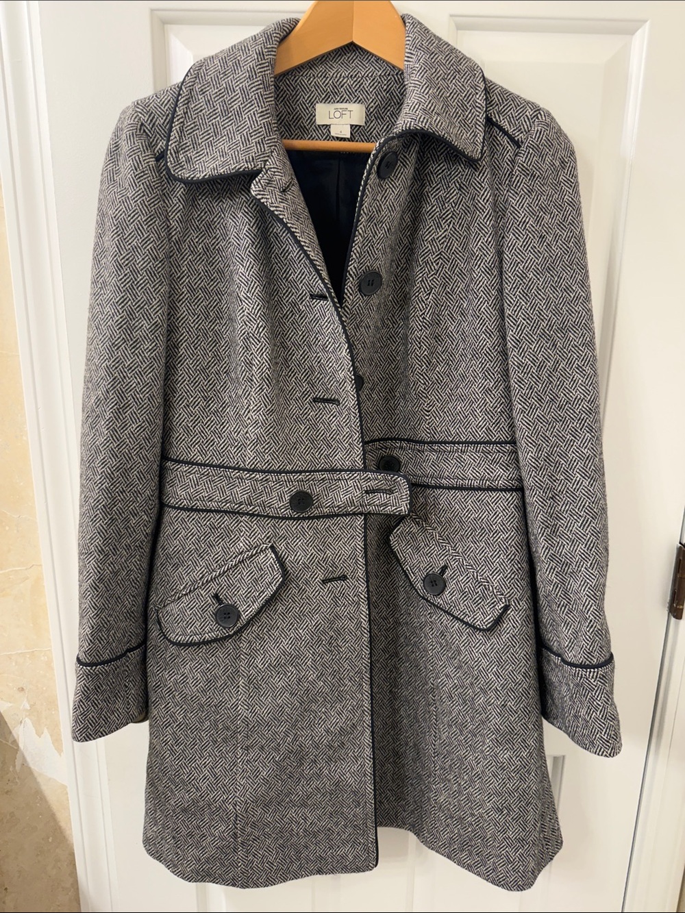 LOFT Gray Patterned Pea Coat with Contrast Trim